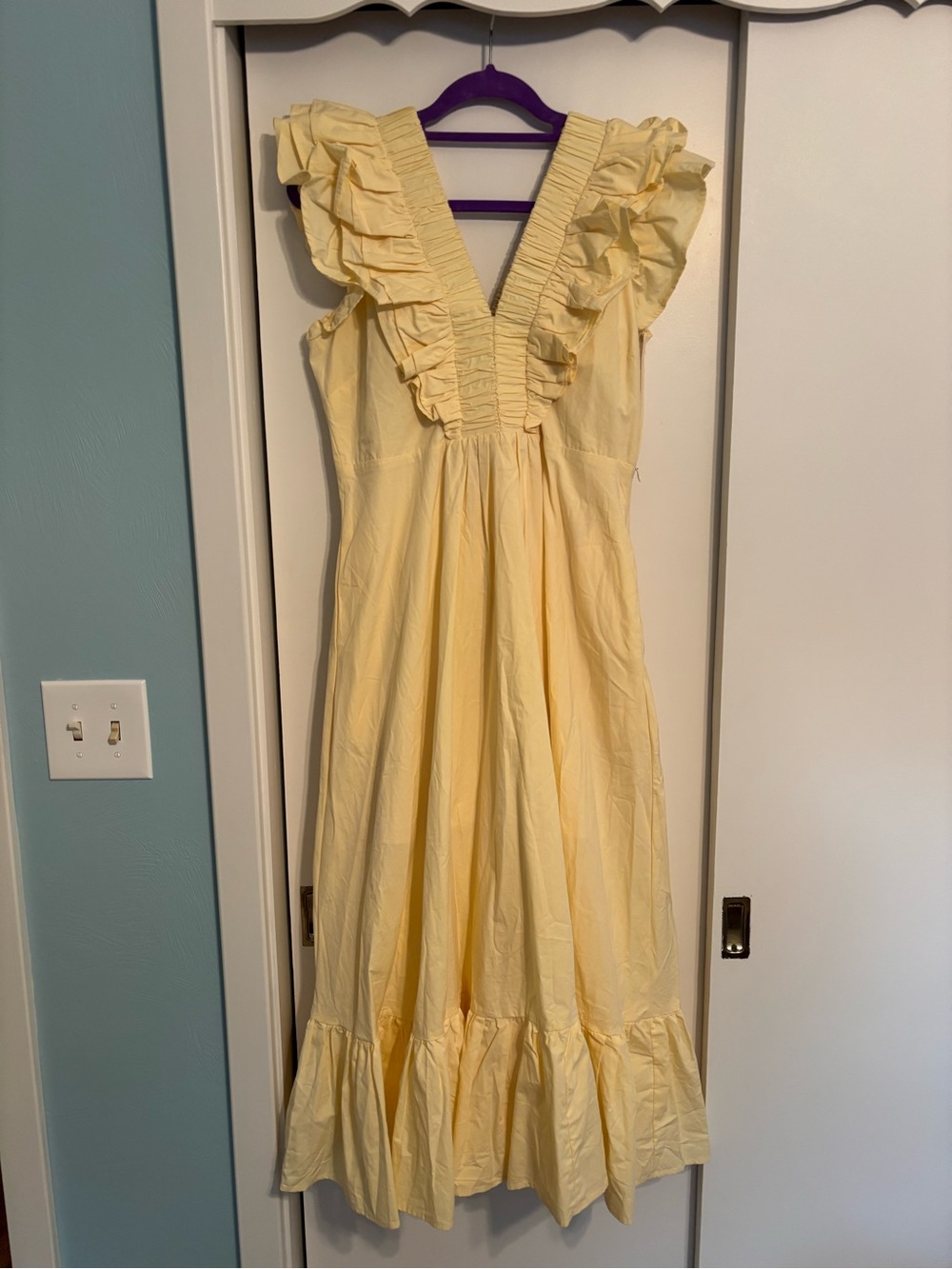Shop the Mint Women's Yellow Ruffle V-Neck Midi Dress
